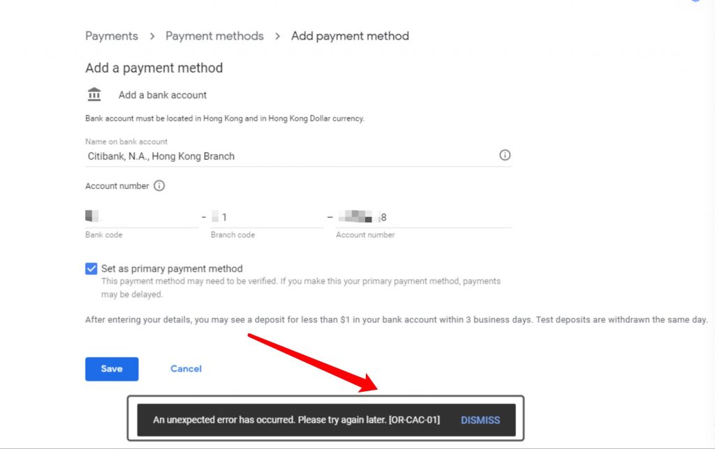 圖片[1] - google play谷歌開發者賬號添加付款方式(收款銀行)提示:出現意外錯誤,請稍後重試.[OR-CAC-01] 或[OR-BAAVFT-03]的解決辦法 - GGZC