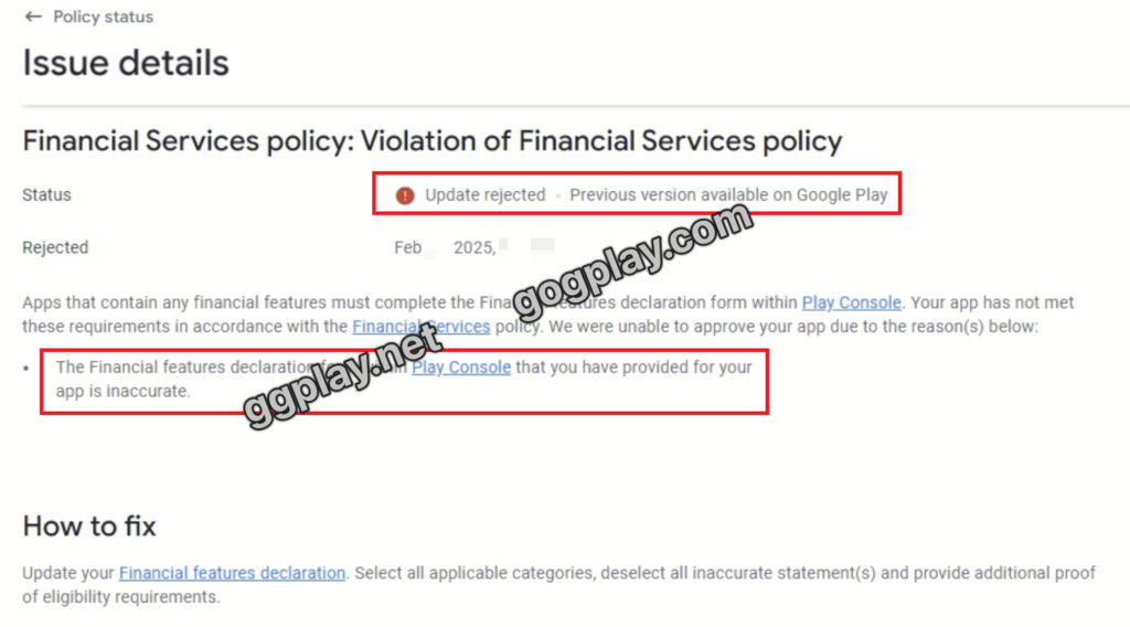 photo[2] - Your app submission to Google Play was rejected. Reason: The financial features declaration form provided for the app in the Play Console is inaccurate. - GGZC