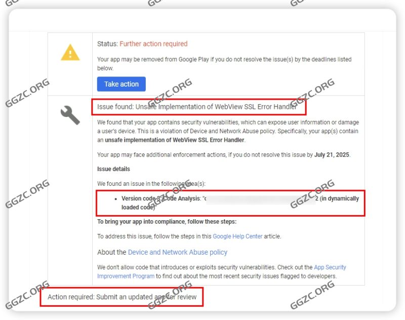 تم اكتشاف مشكلة تحذيرية تتعلق بإزالة ثغرة أمنية في تطوير Google Play: تطبيق غير آمن لمعالج أخطاء WebView SSL - GGZC