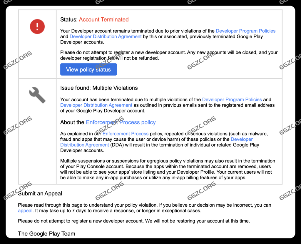 photo[1] - Repeated removal of an app for policy violations may result in the termination of your Google Play Developer account. How many times will an app be suspended or removed before the account is terminated? - GGZC